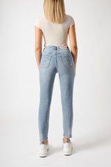 Jeans Mom Fit Blu Chiaro a Vita Regolare con Gamba Crop