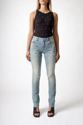 Jeans Straight Blu a Vita Regolare con Strappi alle Ginocchia