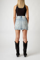 Gonna Donna Denim Chiaro Mini – Vita Media, Orlo Sfrangiato, Stile Casual Estivo