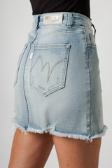 Gonna Donna Denim Chiaro Mini – Vita Media, Orlo Sfrangiato, Stile Casual Estivo