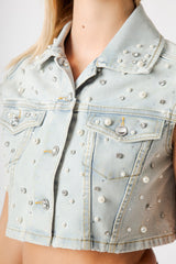 Gilet Donna Denim Crop con Strass – Senza Maniche, Lavaggio Chiaro
