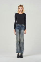Wide Leg Jeans Blu a Vita Regolare con Effetto Consumati e Catena Decorativa