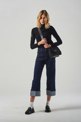 Jeans Gamba Ampia Blu A Vita Alta In Tela Giapponese