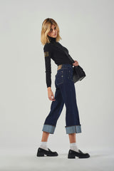 Jeans Gamba Ampia Blu A Vita Alta In Tela Giapponese