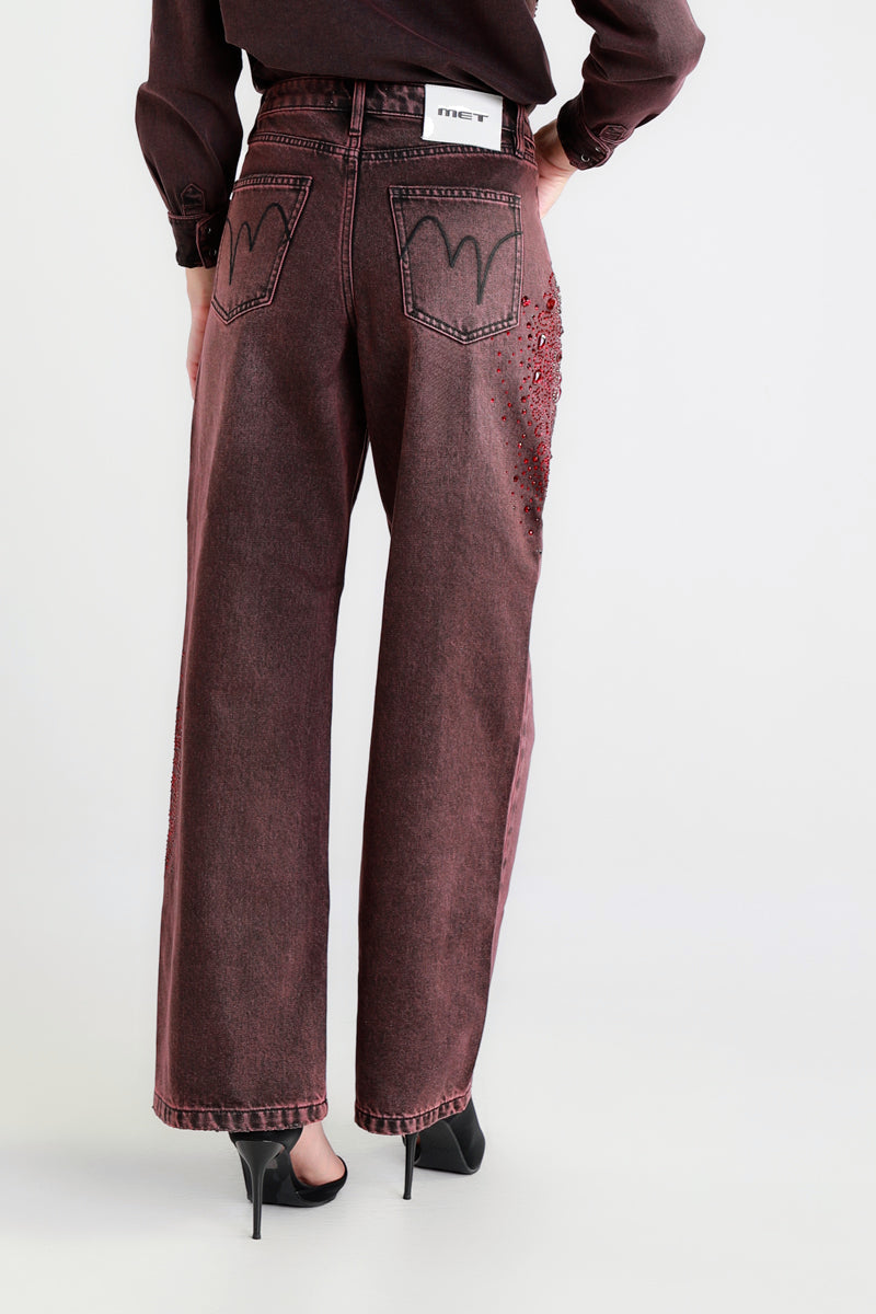Jeans Straight Fit Bordeaux con Pietre