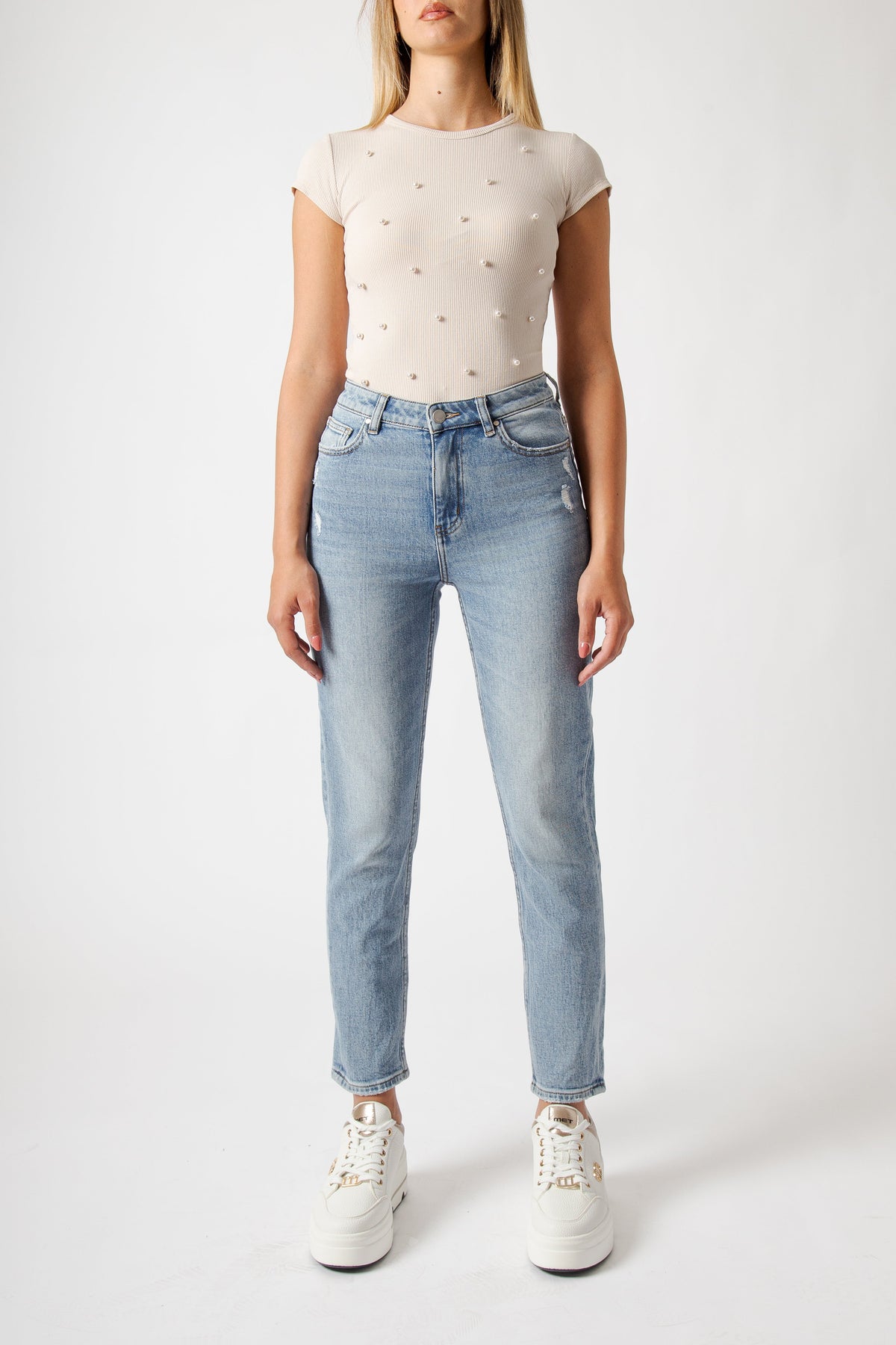 Jeans Mom Fit Blu Chiaro a Vita Regolare con Gamba Crop