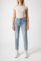 Jeans Mom Fit Blu Chiaro a Vita Regolare con Gamba Crop