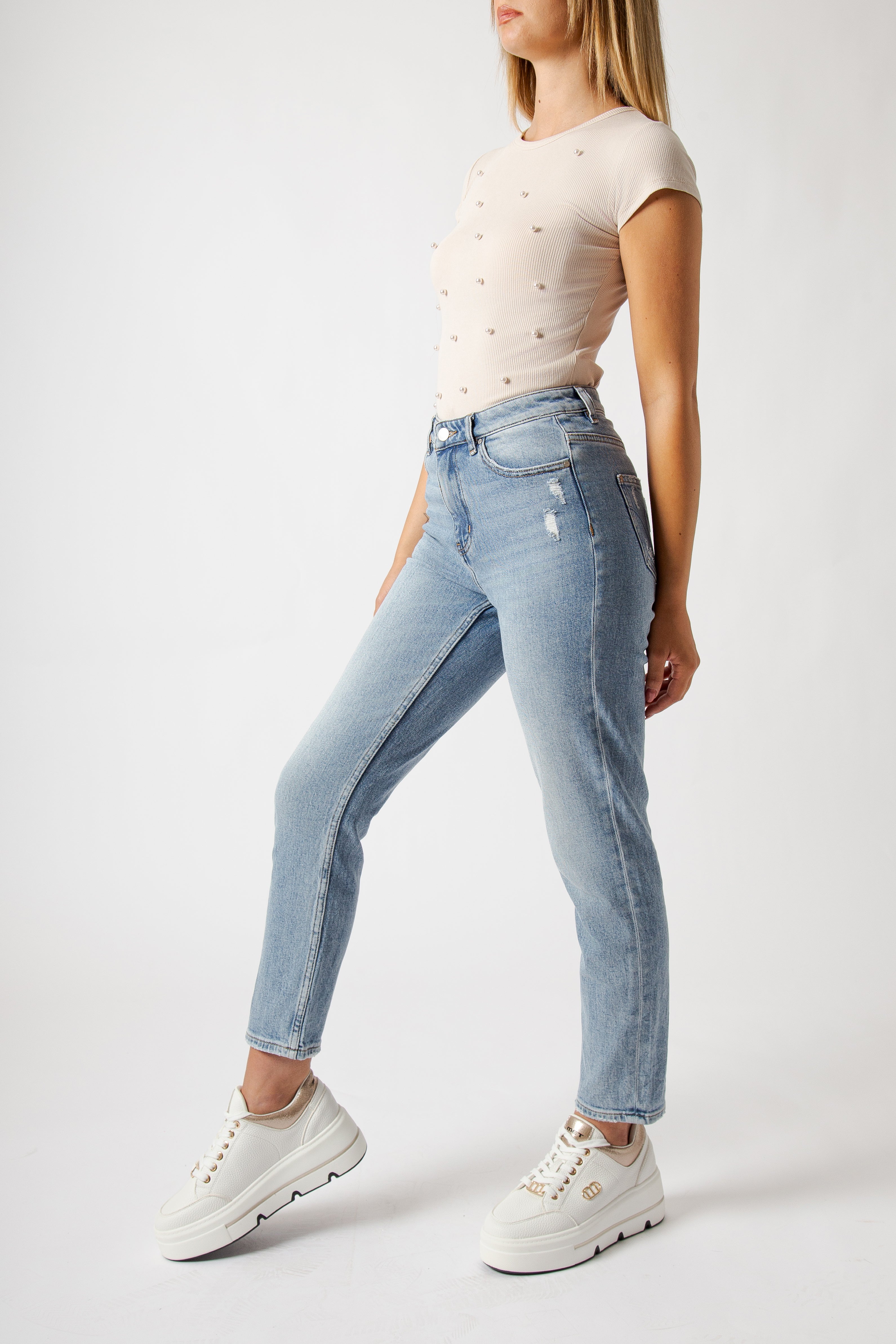Jeans Mom Fit Blu Chiaro a Vita Regolare con Gamba Crop
