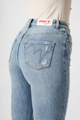 Jeans Mom Fit Blu Chiaro a Vita Regolare con Gamba Crop