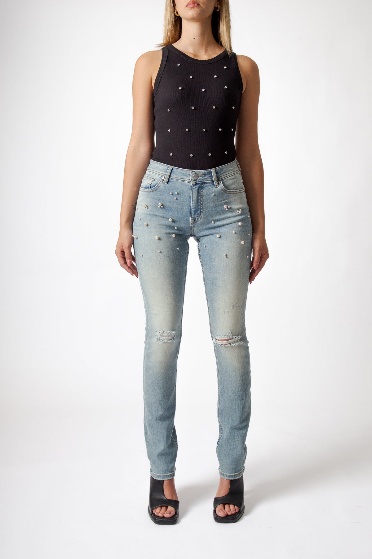 Jeans Straight Blu a Vita Regolare con Strappi alle Ginocchia