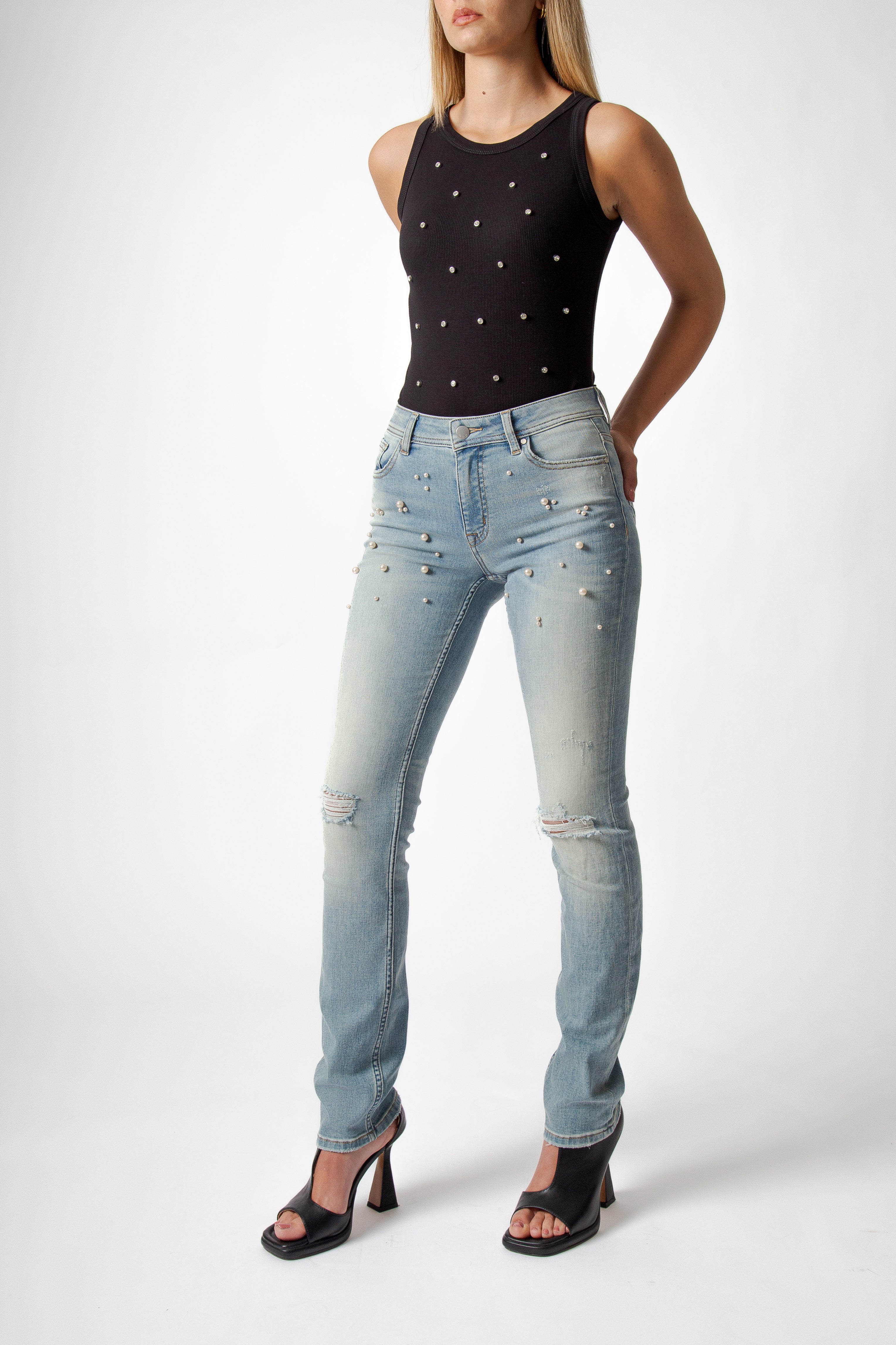 Jeans Straight Blu a Vita Regolare con Strappi alle Ginocchia