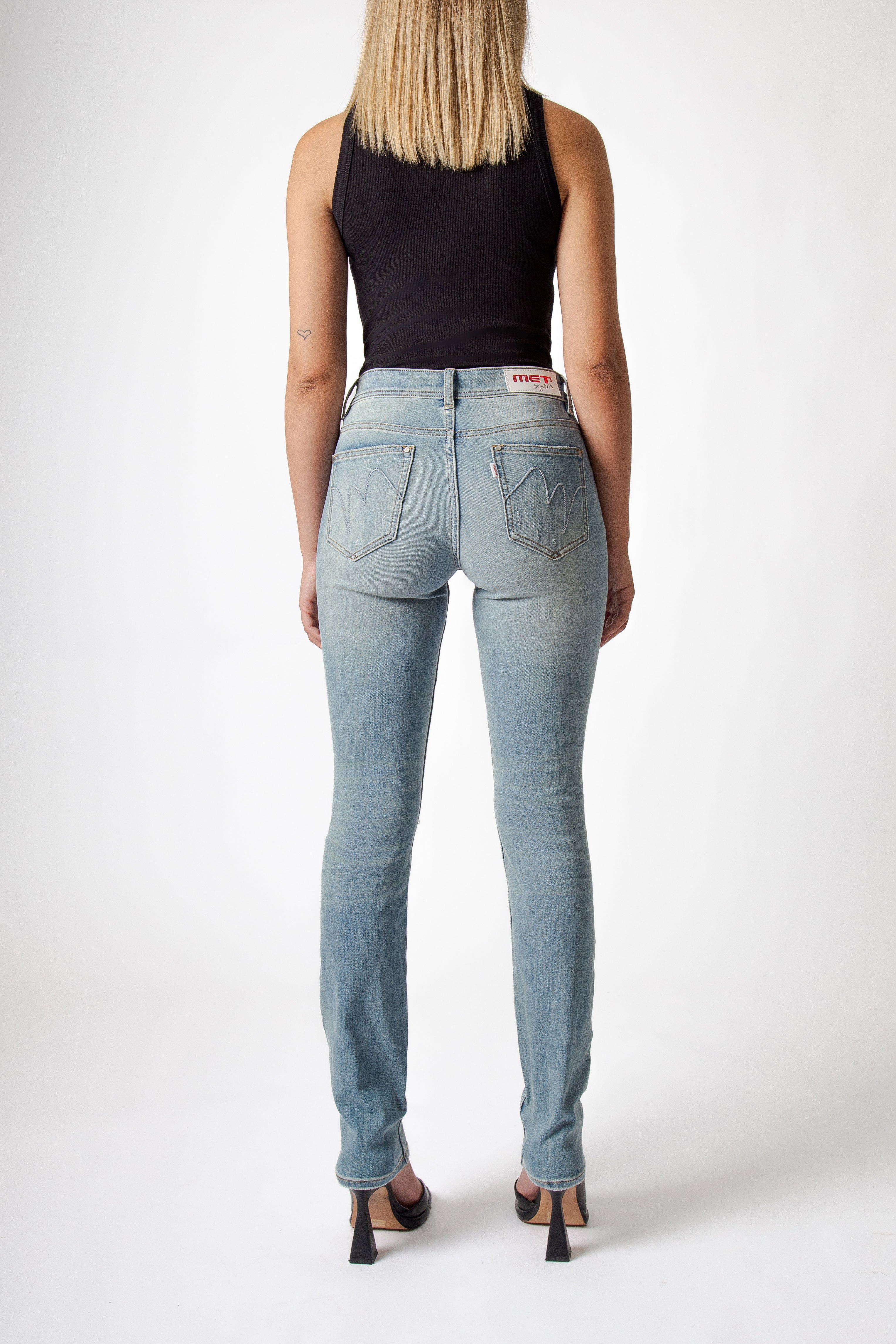 Jeans Straight Blu a Vita Regolare con Strappi alle Ginocchia