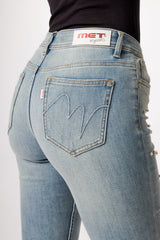 Jeans Straight Blu a Vita Regolare con Strappi alle Ginocchia
