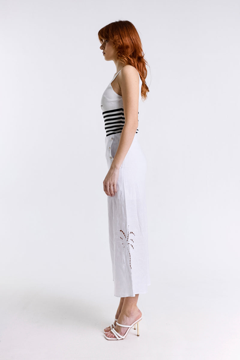 PANTALONE CULOTTE LINO RICAMO PALMA