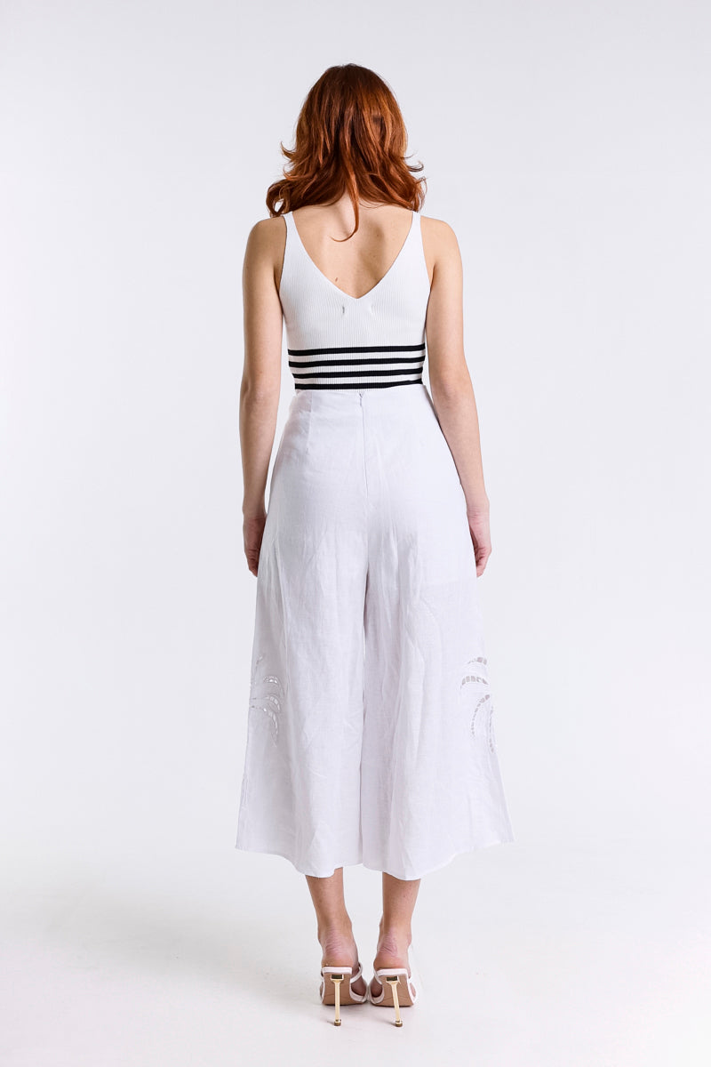 PANTALONE CULOTTE LINO RICAMO PALMA