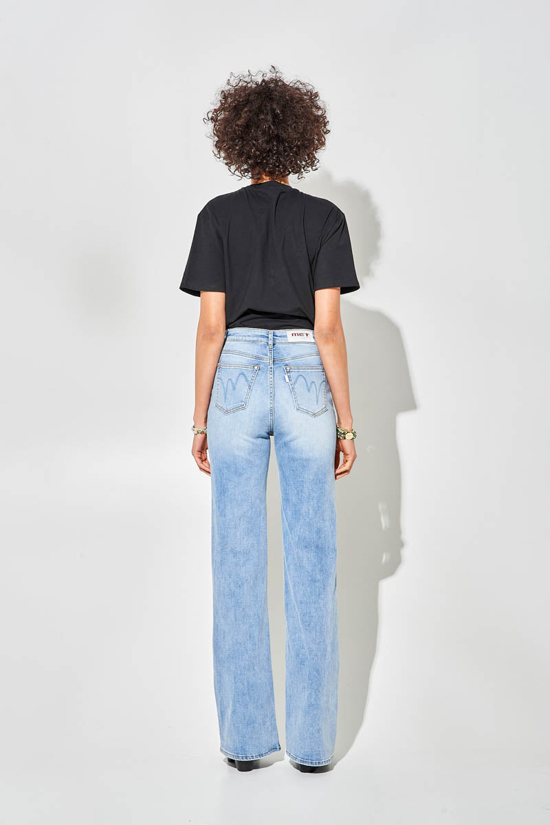 Jeans a Gamba Larga Blu Chiaro a Vita Alta