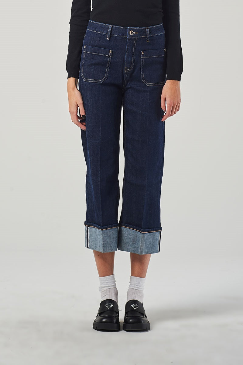 Jeans Gamba Ampia Blu A Vita Alta In Tela Giapponese