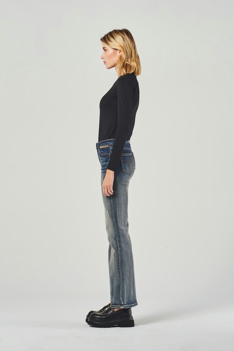 Wide Leg Jeans Blu a Vita Regolare con Effetto Consumati e Catena Decorativa