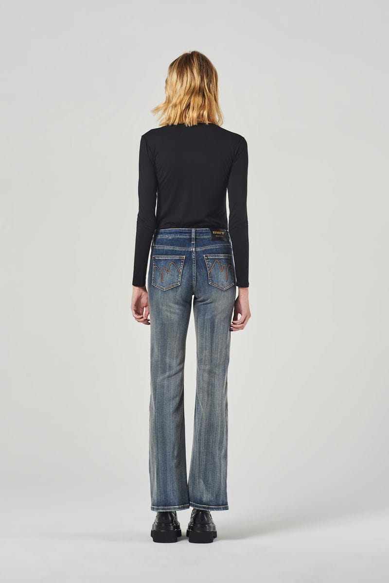 Wide Leg Jeans Blu a Vita Regolare con Effetto Consumati e Catena Decorativa