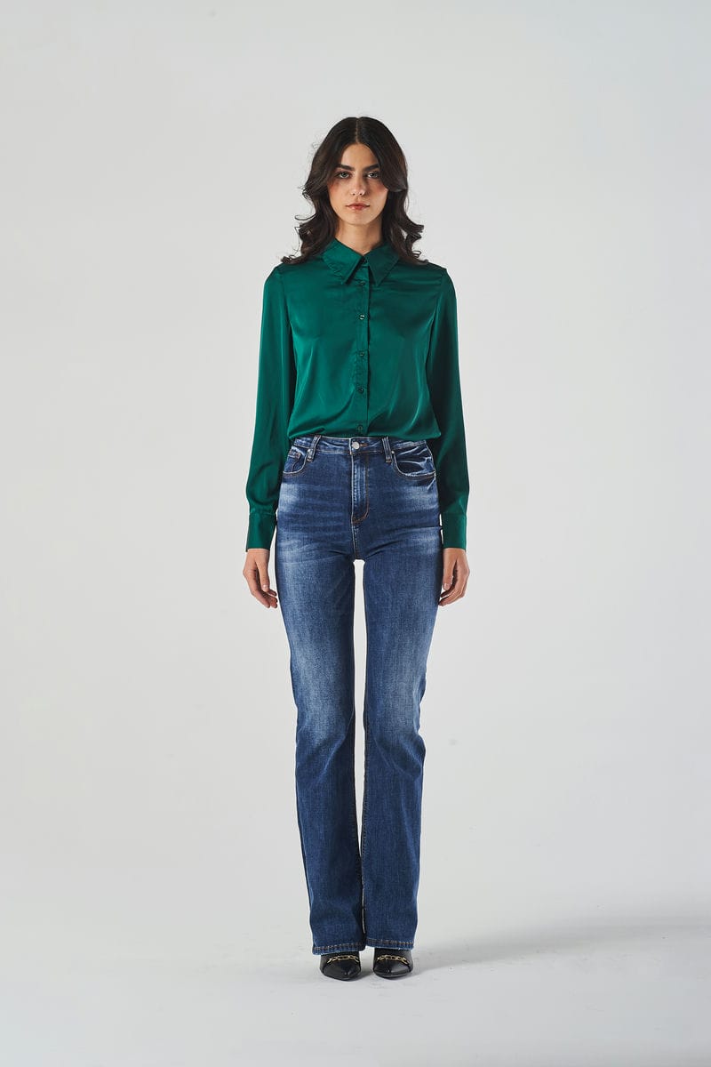 Jeans a Zampa Blu Scuro a Vita Alta