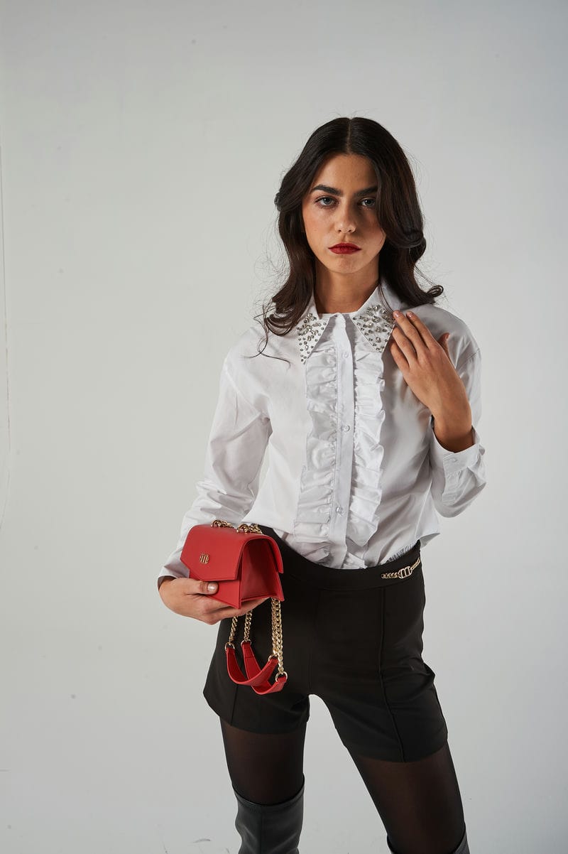 Camicia in Popeline con Rouches e Colletto Decorato