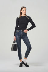 Skinny Jeans Blu a Vita Regolare con Catene Decorative