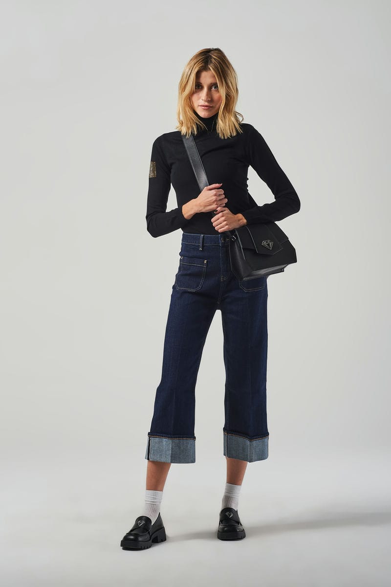 Jeans Gamba Ampia Blu A Vita Alta In Tela Giapponese