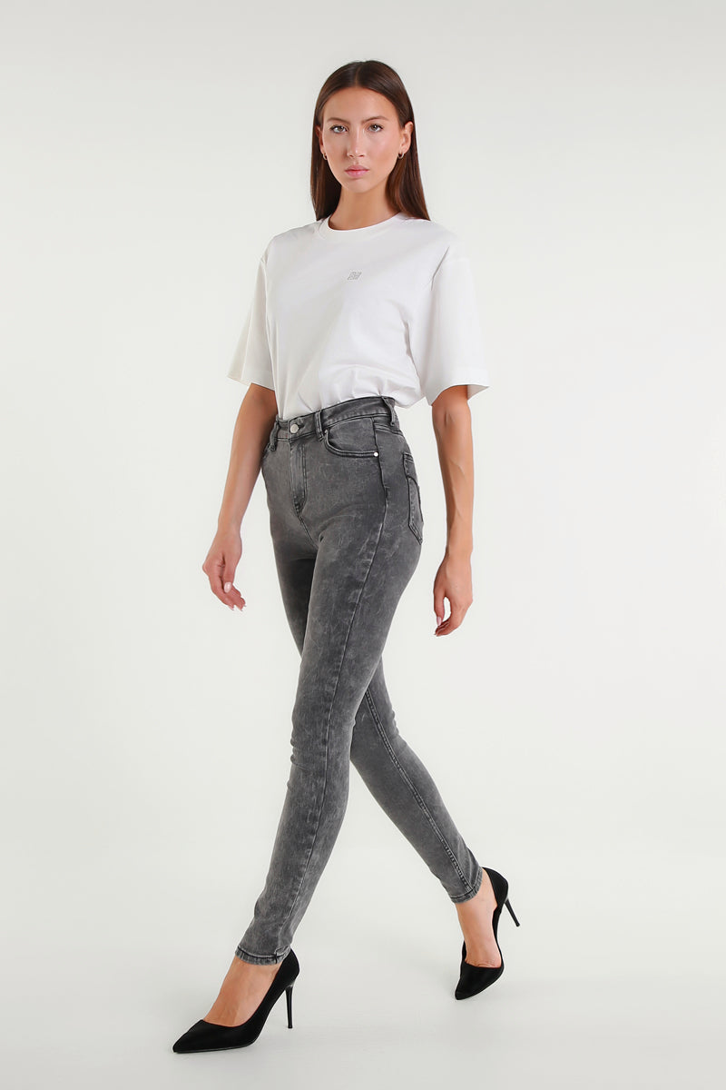 Jeans Cara Skinny Grigio a Vita Alta