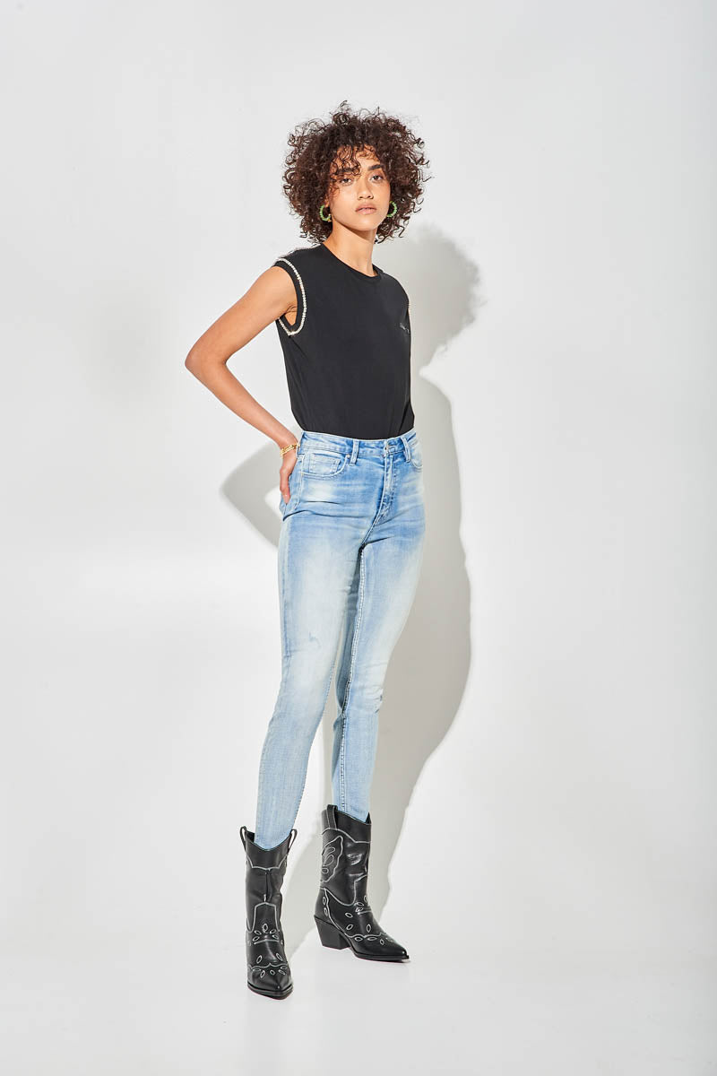 Jeans Skinny Blu a Vita Alta con Sfumature