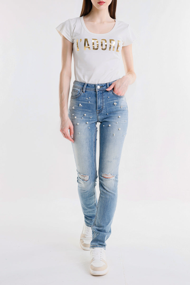 PANTALONE DENIM SKINNY CON STRASS