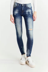 Jeans Skinny Blu a Vita Regolare con Rotture