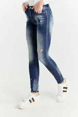 Jeans Skinny Blu a Vita Regolare con Rotture