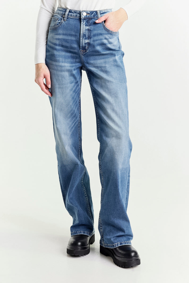 Jeans Wide Leg Blu a Vita Regolare