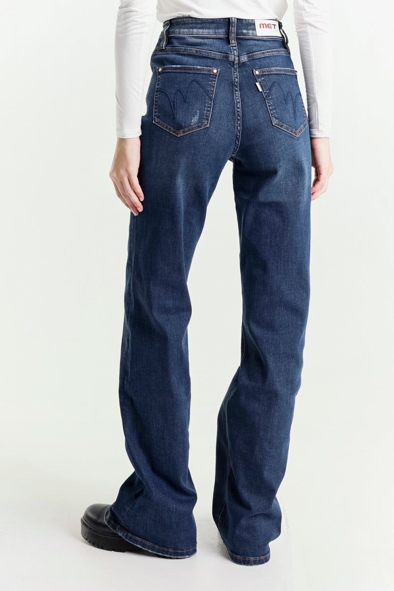 Jeans a Zampa Blu Scuro a Vita Alta